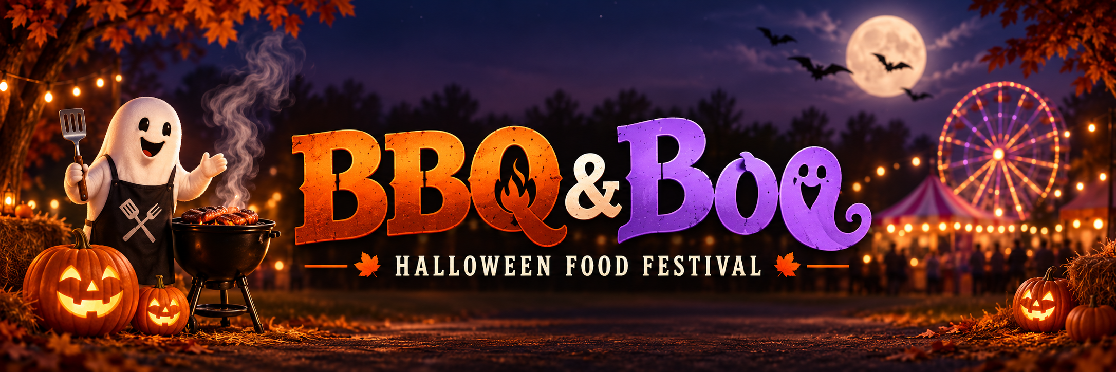 BBQ & Boo Halloween Food Festival — a ghost mascot grilling under a full moon at a nighttime fairgrounds with a ferris wheel and jack-o'-lanterns