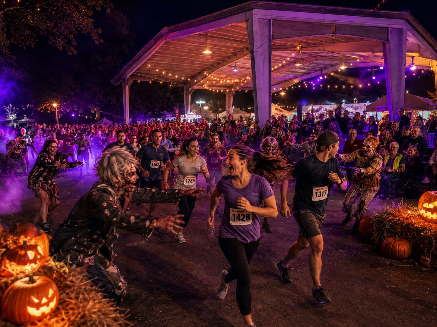 Costumed zombies chasing runners during Dash of the Dead