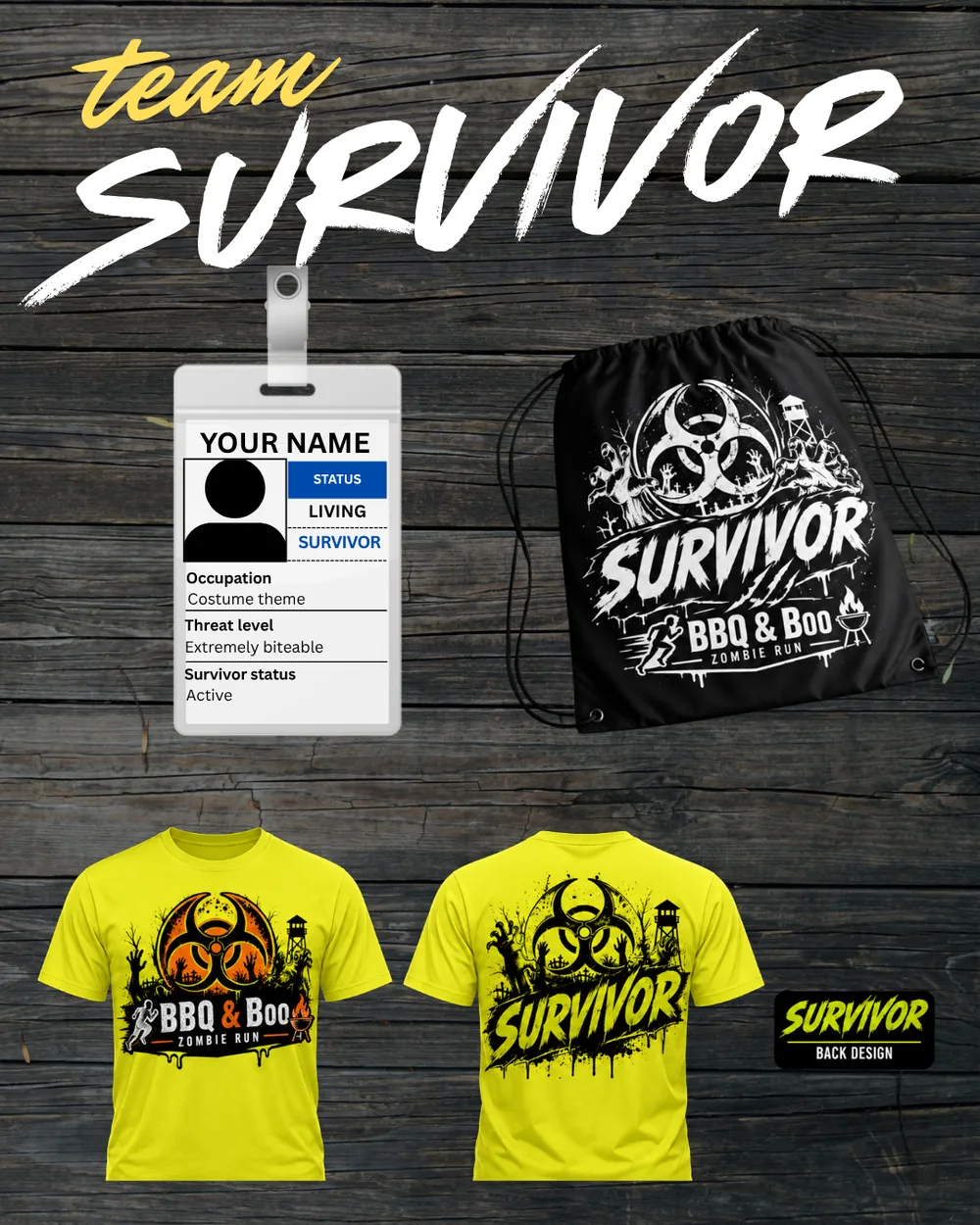 The Undead team kit: BBQ & Boo Zombie Run t-shirt, drawstring bag and survivor ID card